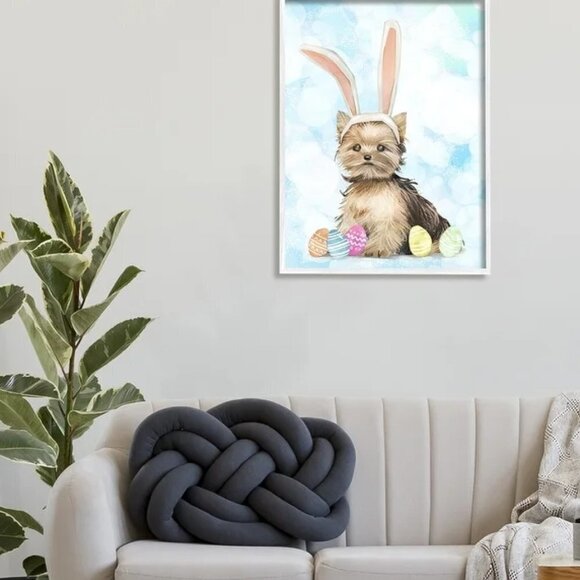 Easter Yorkie Puppy Bunny Ears & Patterned Eggs Stretched Canvas Wall Art NWOT - Picture 2 of 8